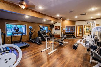 A well-equipped home gym with a variety of exercise machines.
